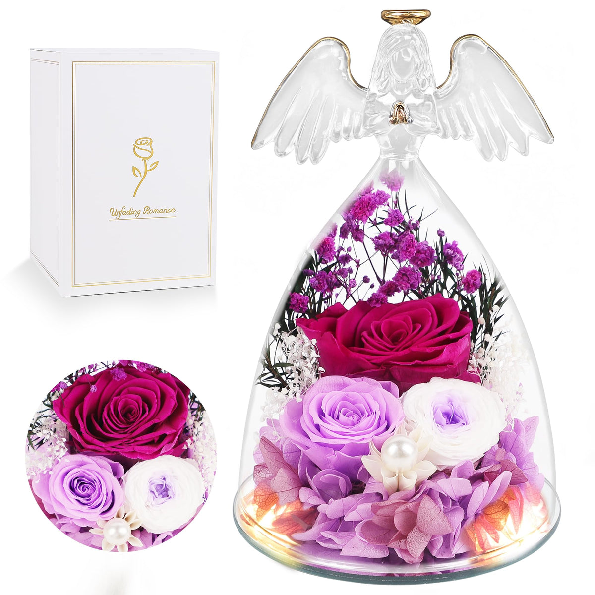 YOFIT preserved rose in a glass angel dome close-up, a lasting keepsake.