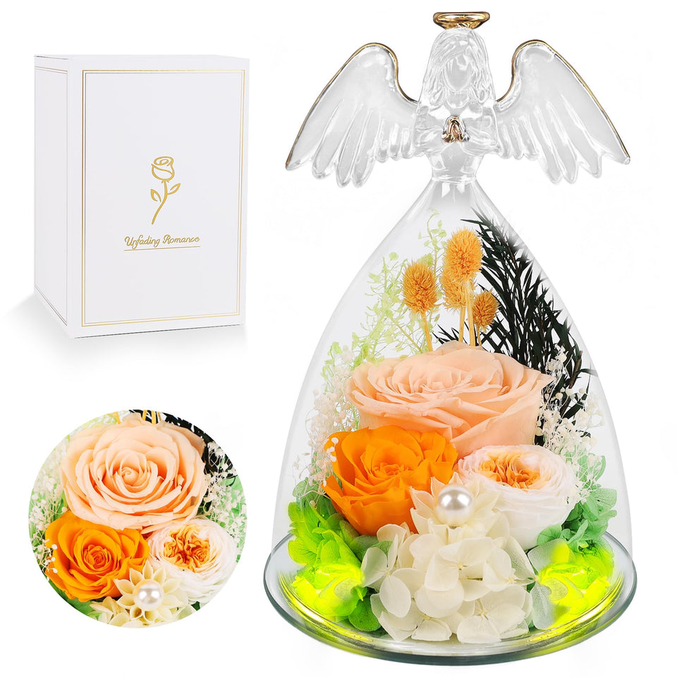 YOFIT preserved rose inside a glass angel dome with vivid color display for lasting decor.