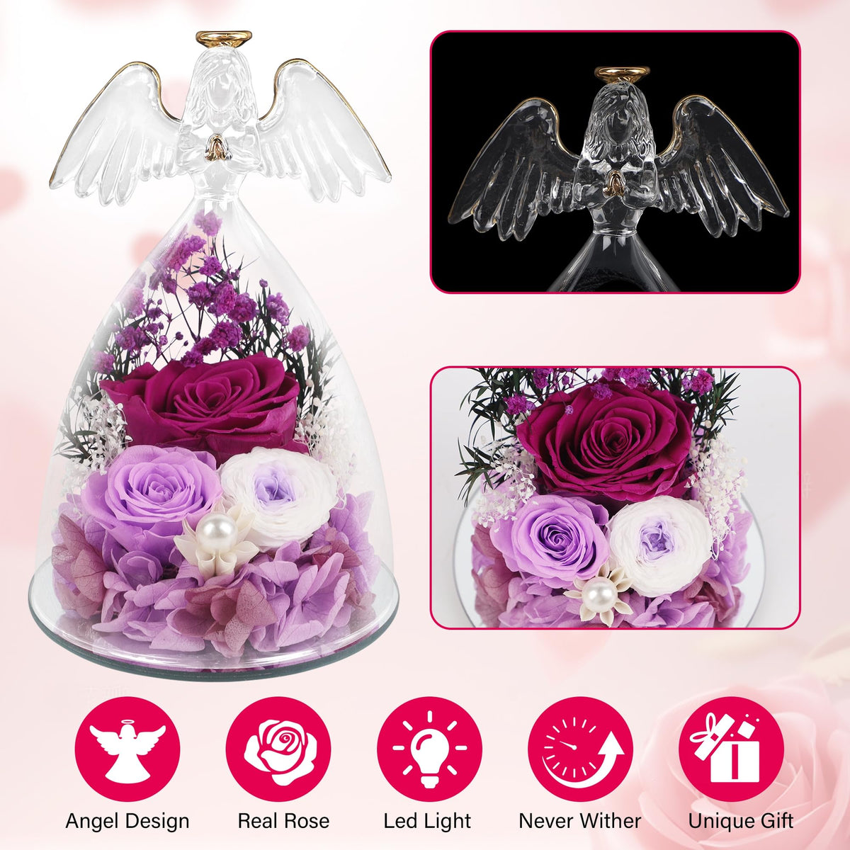 YOFIT purple preserved rose under warm LED glow enhances any room.