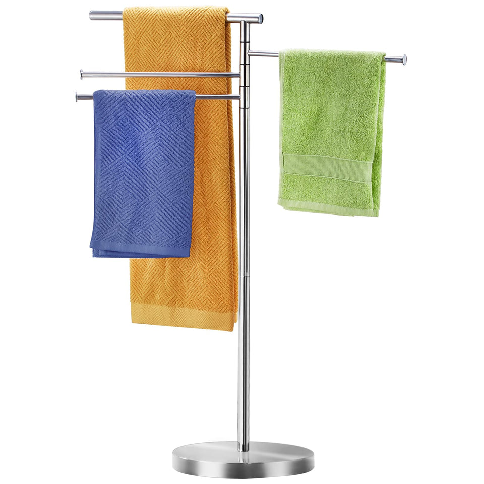 YOFOVI 40-inch freestanding towel rack keeps towels off wet floors for a clean bathroom.