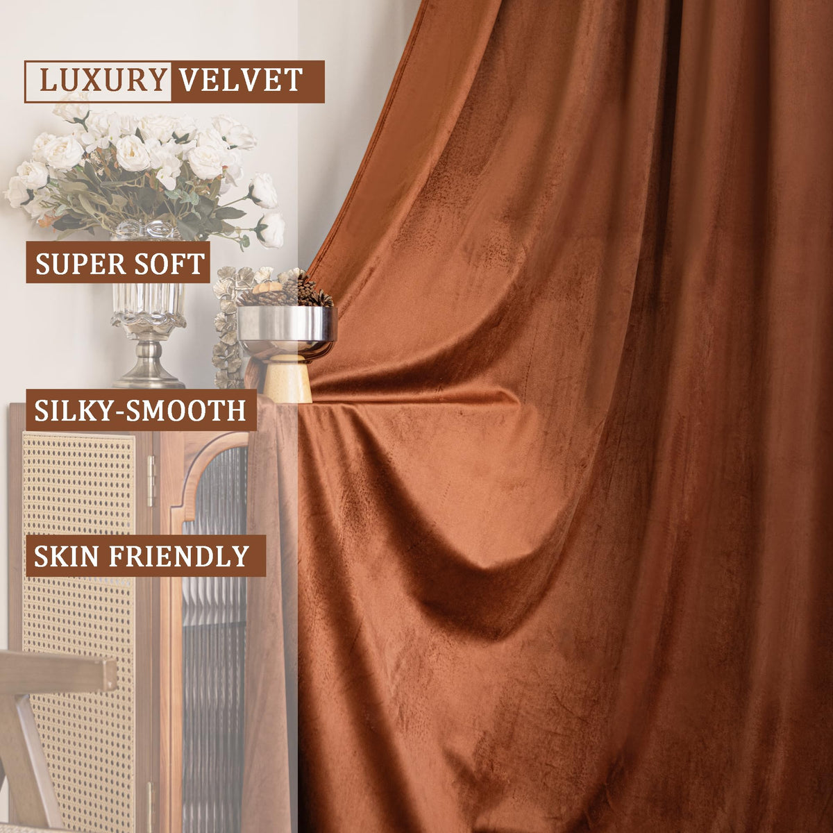 YOFUN burnt orange velvet curtains in living room setup showing plush drape and temperature control