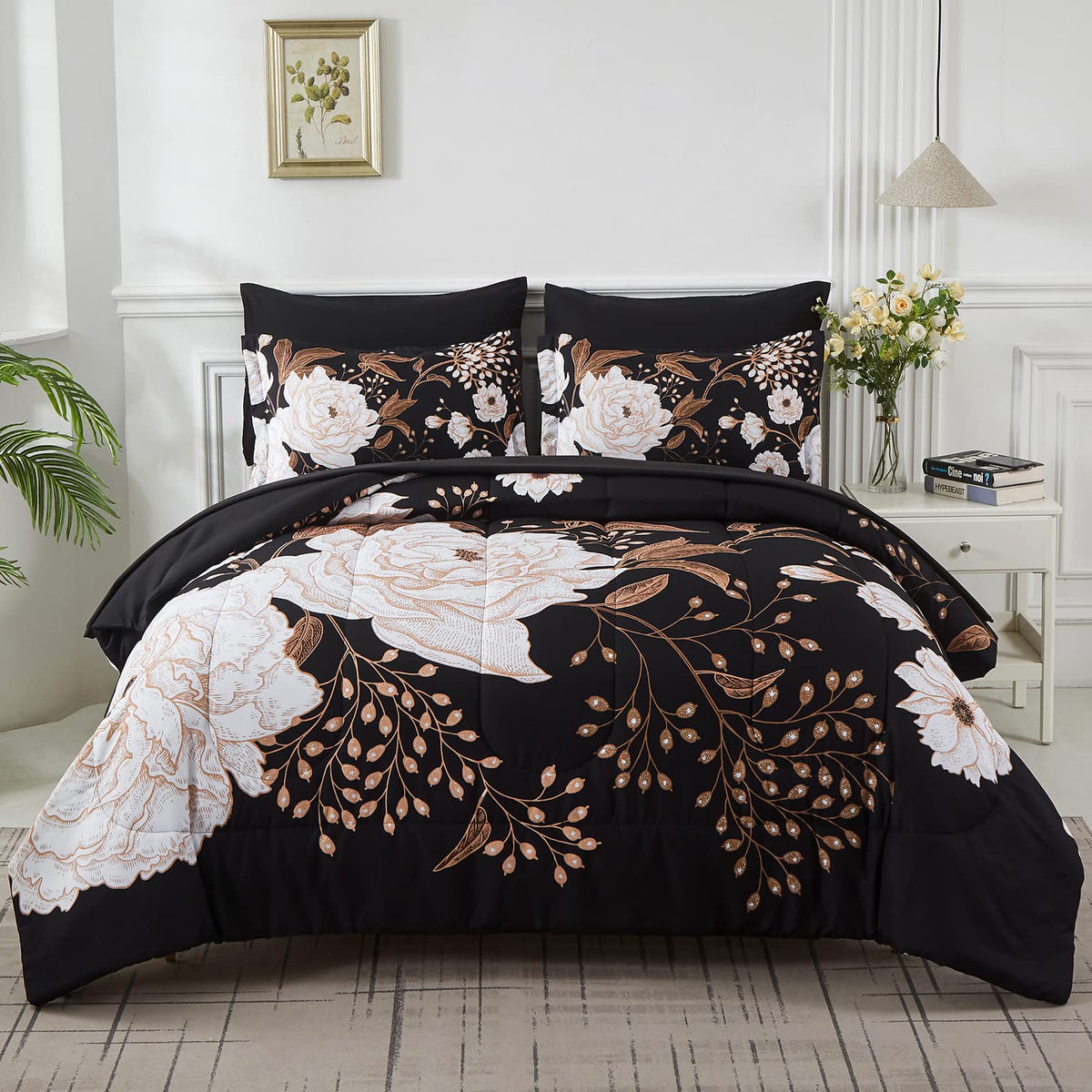 Yogeneg 7-piece king bed-in-a-bag set with plush comforter on a stylish bed