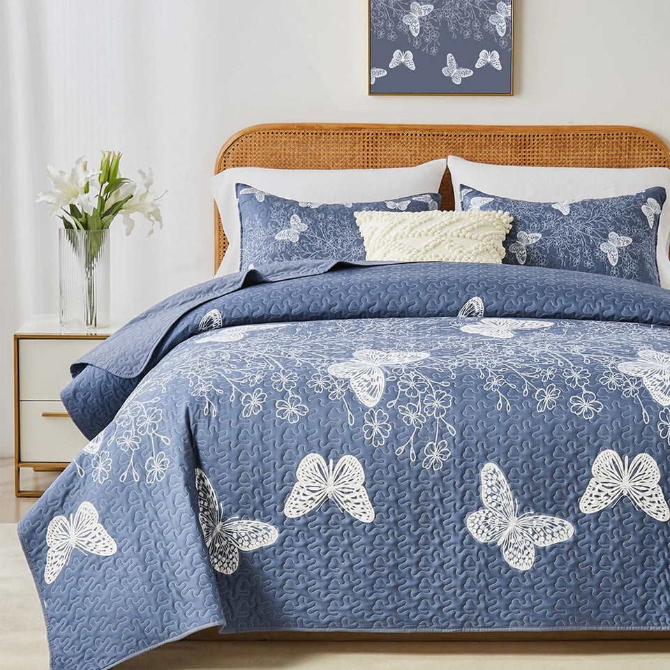 Yogeneg full queen quilt with white butterfly pattern enhances elegant bedroom decor