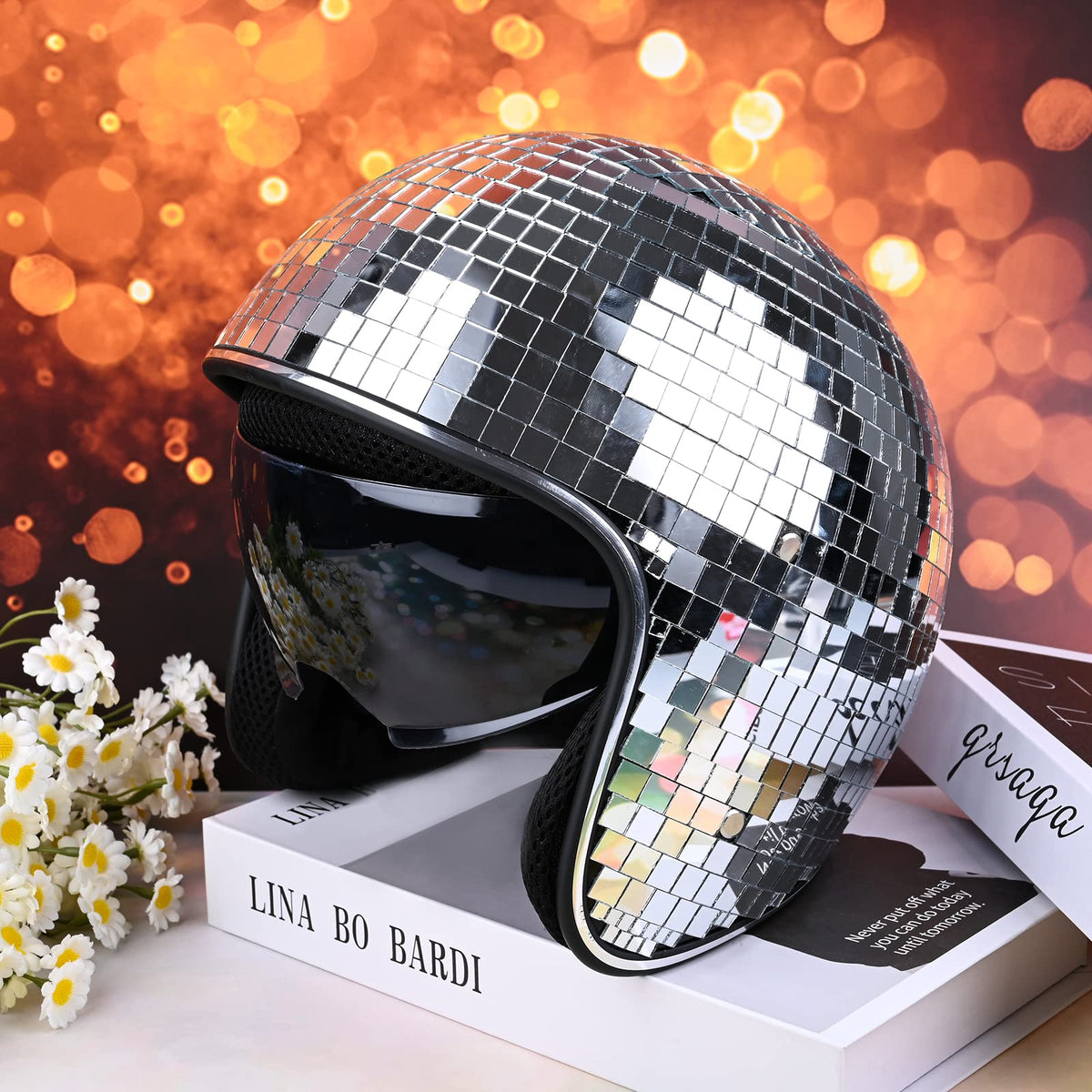 Yoiemivy disco helmet reflective glass tiles glow in sunlight for outdoor visuals.