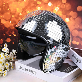 Yoiemivy disco helmet reflective glass tiles glow in sunlight for outdoor visuals.