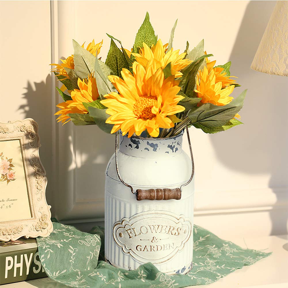 Yoillione milk jug vase in white metal finish highlights farmhouse appeal.