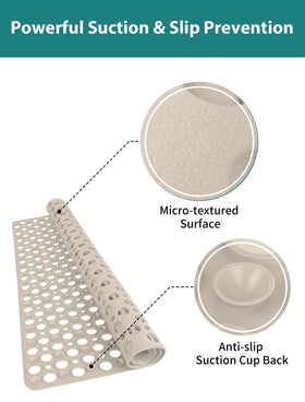 Yonala mat edge trim close-up illustrates customizable fit in bath.