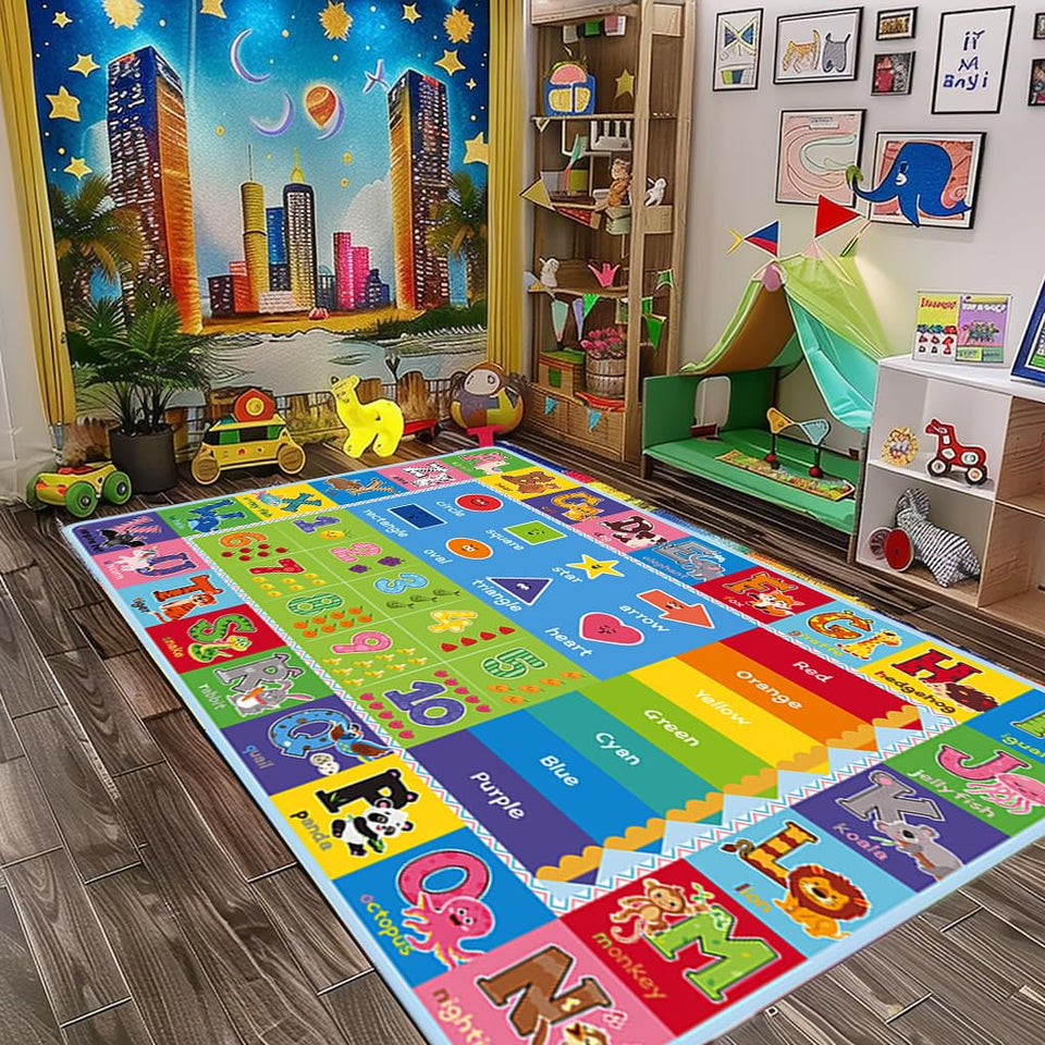 Yongjoy ABC carpet in a playroom showing colorful letters for early learning.