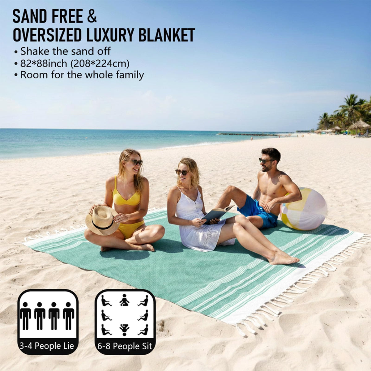 Yongoes soft sand-free Turkish cotton blanket laid on the sand for easy lounging.
