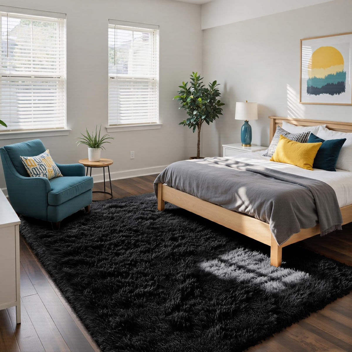Yongyangjuxin fluffy shag rug in black 5x8 brightens bedrooms with plush warmth.