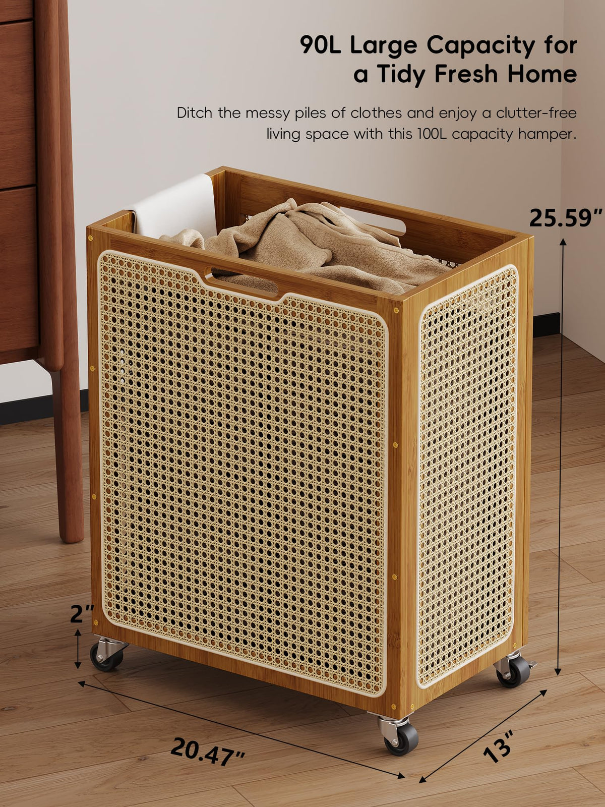 Yonscess bamboo-frame hamper combines durability with decorative appeal.
