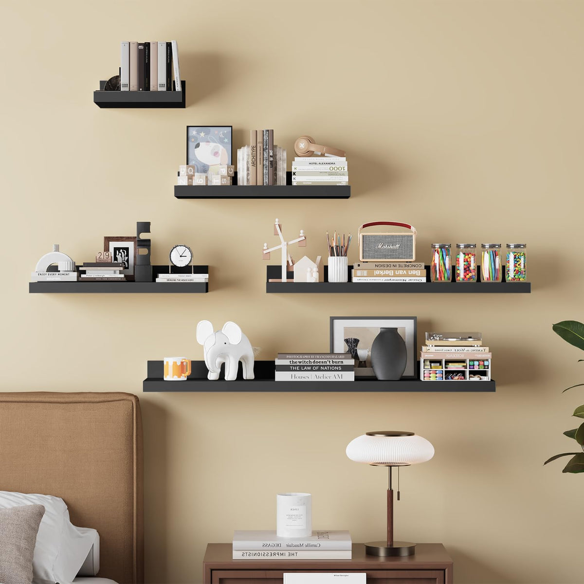 Yonscess bathroom setup with shelves organizing toiletries on a black finish