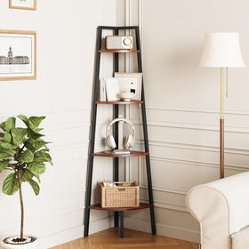 Yoobure 4 tier corner bookshelf with metal frame on display in a living room.