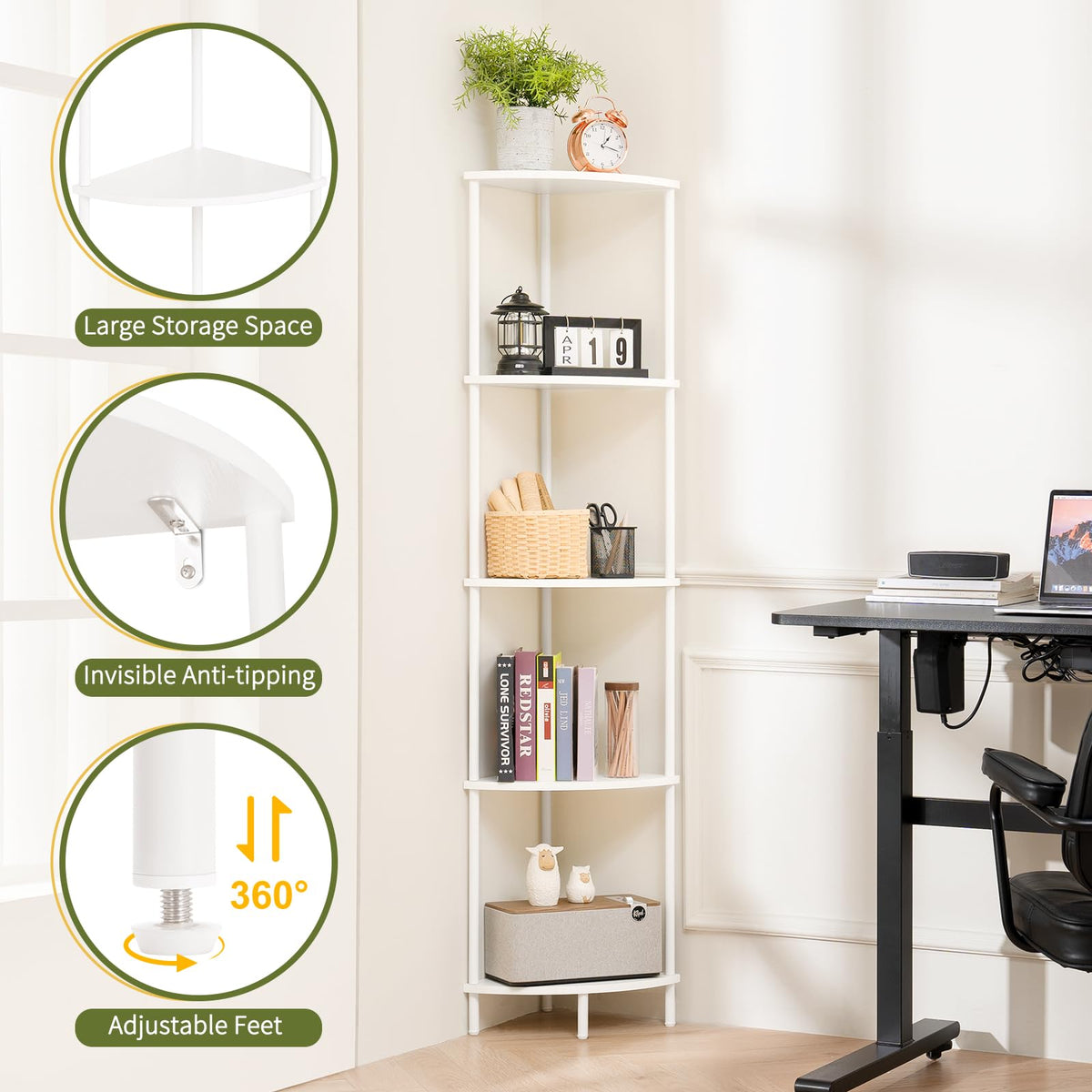 Yoobure 5-tier bookcase demonstrates vertical storage capacity