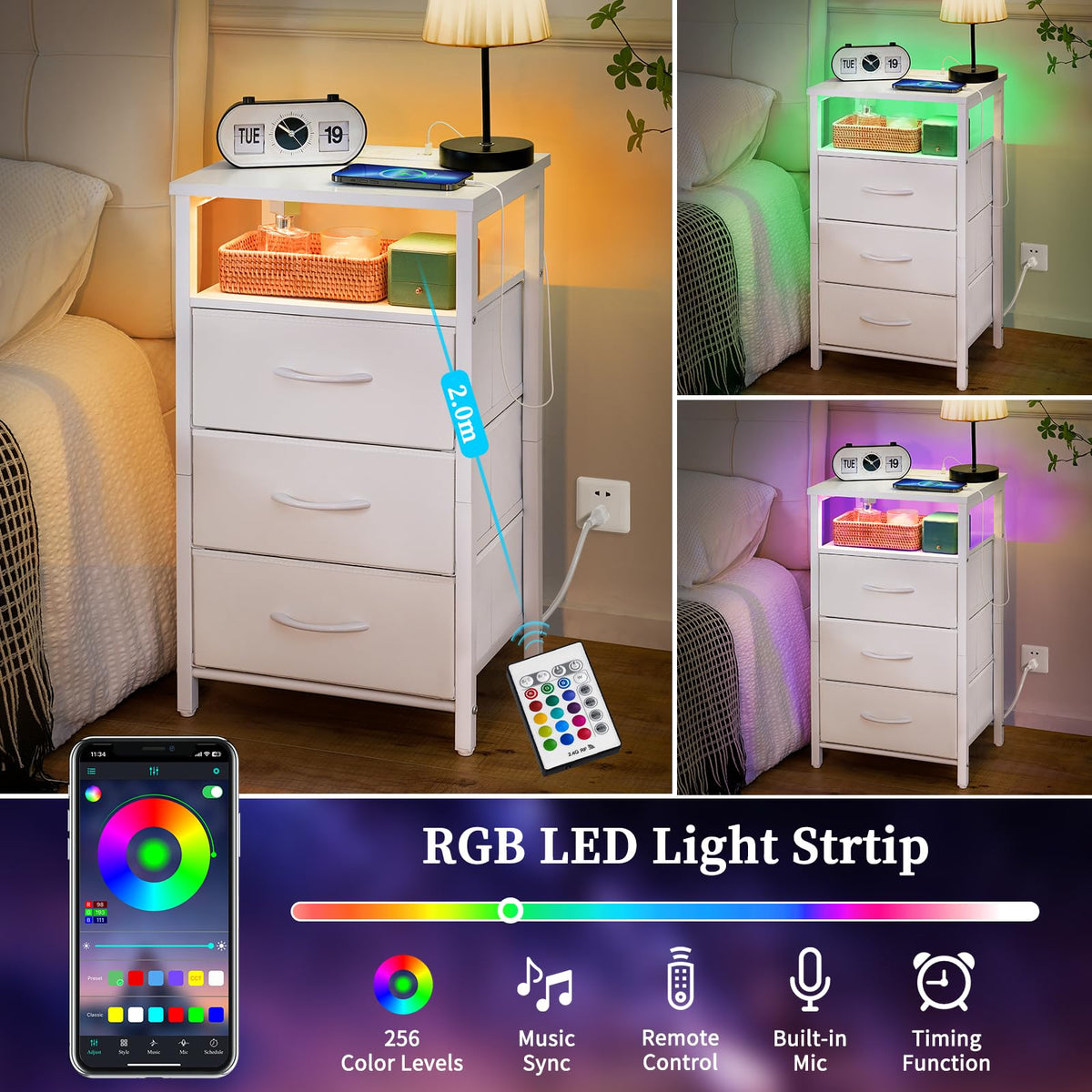 Yoobure bedside table open shelf keeps books and clocks within reach.