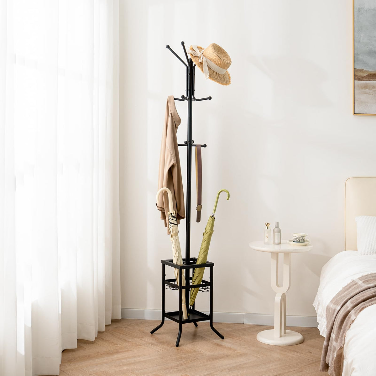 Yoobure coat rack three-tier design saves vertical space.