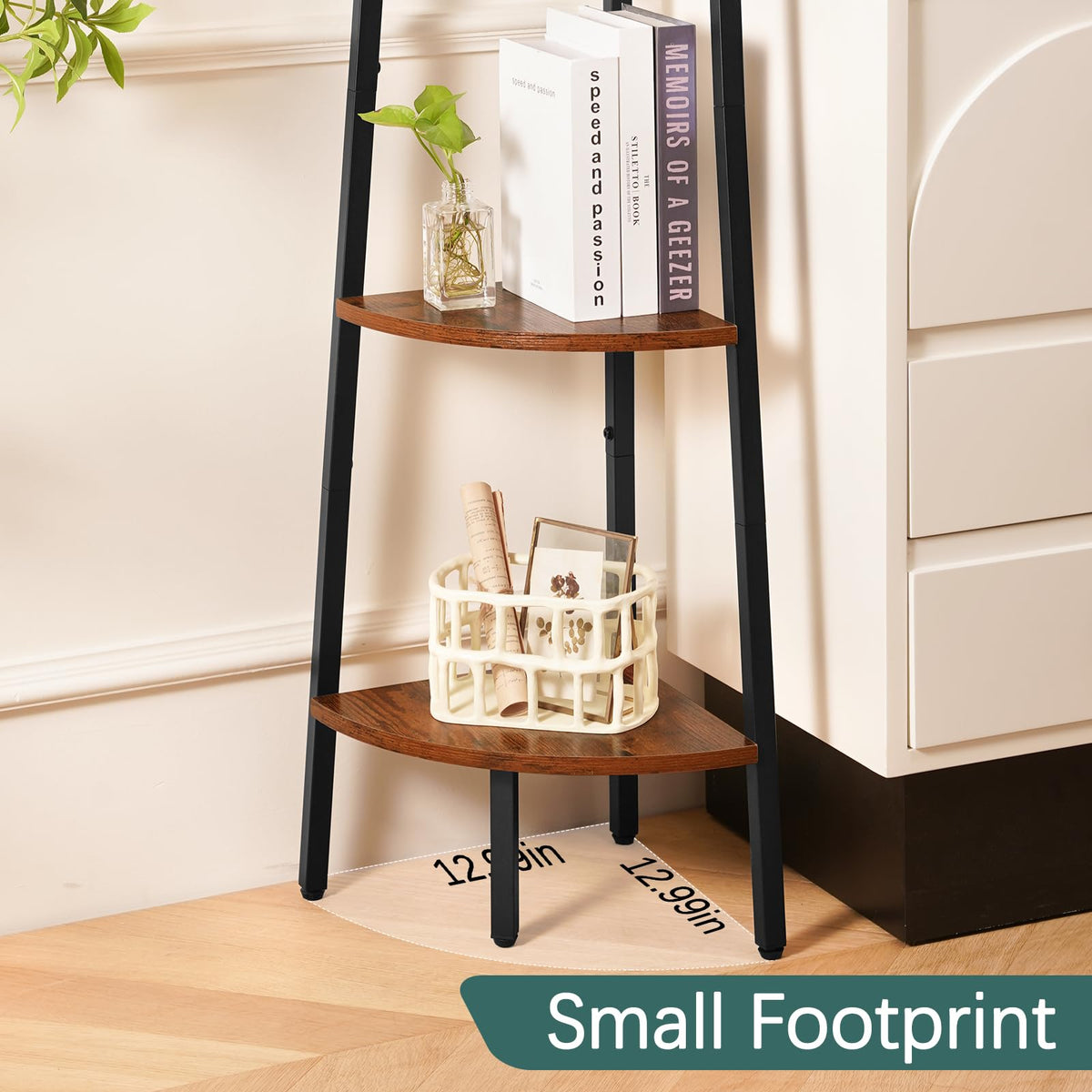Yoobure corner shelf dimensions emphasize slim footprint and full-height storage solution.