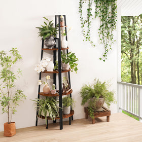 Yoobure corner shelf in living room displays books and decor with chic industrial style.