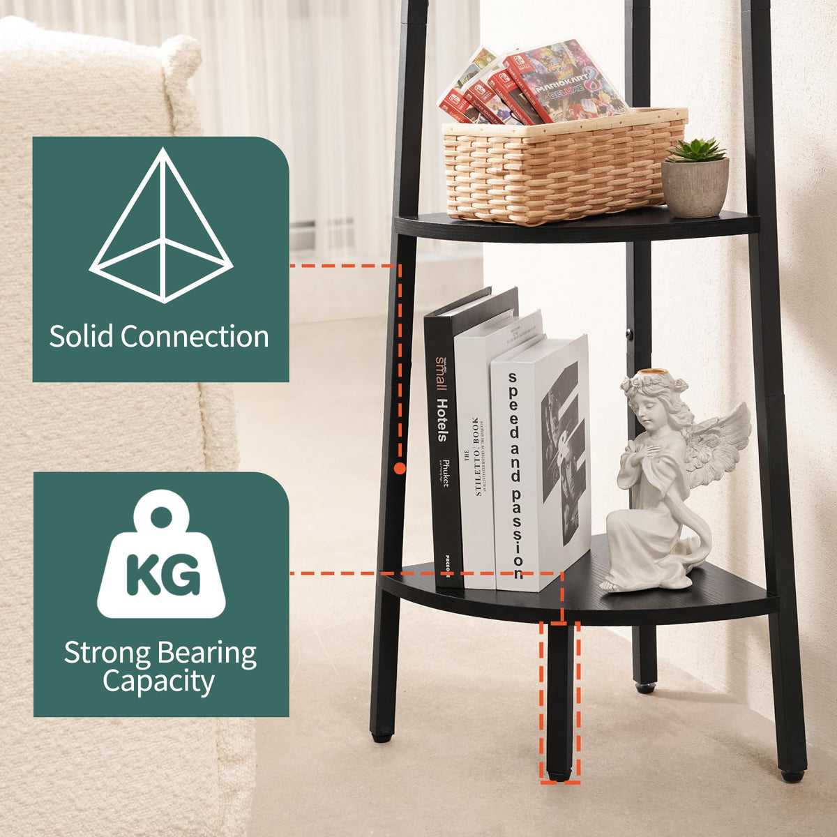 Yoobure corner shelf enhances living room decor with space-saving design.
