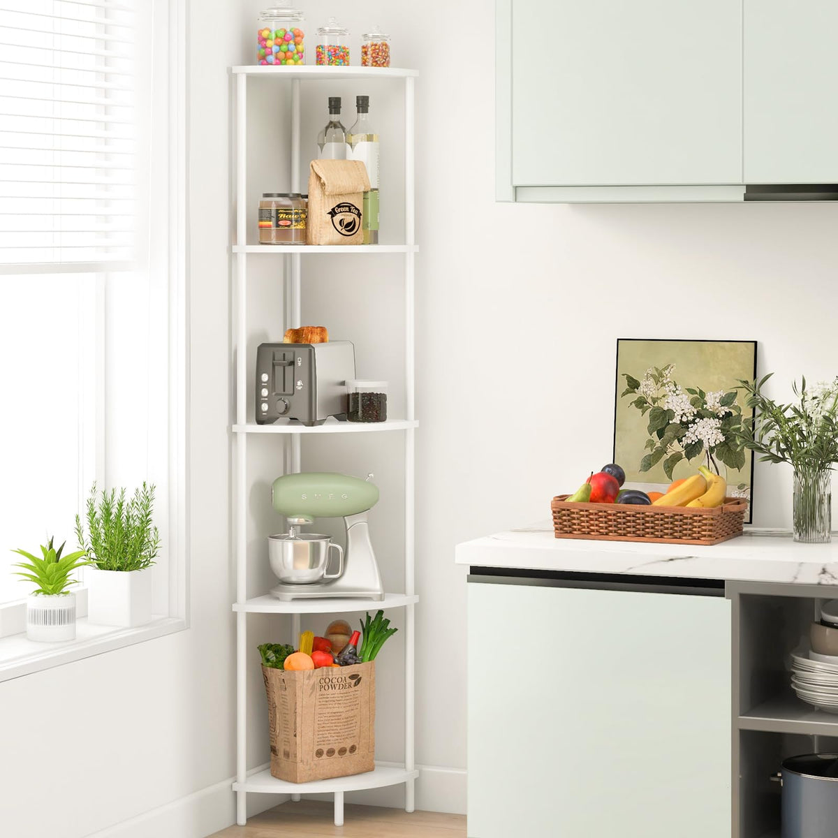 Yoobure corner shelf stand plant display with greenery