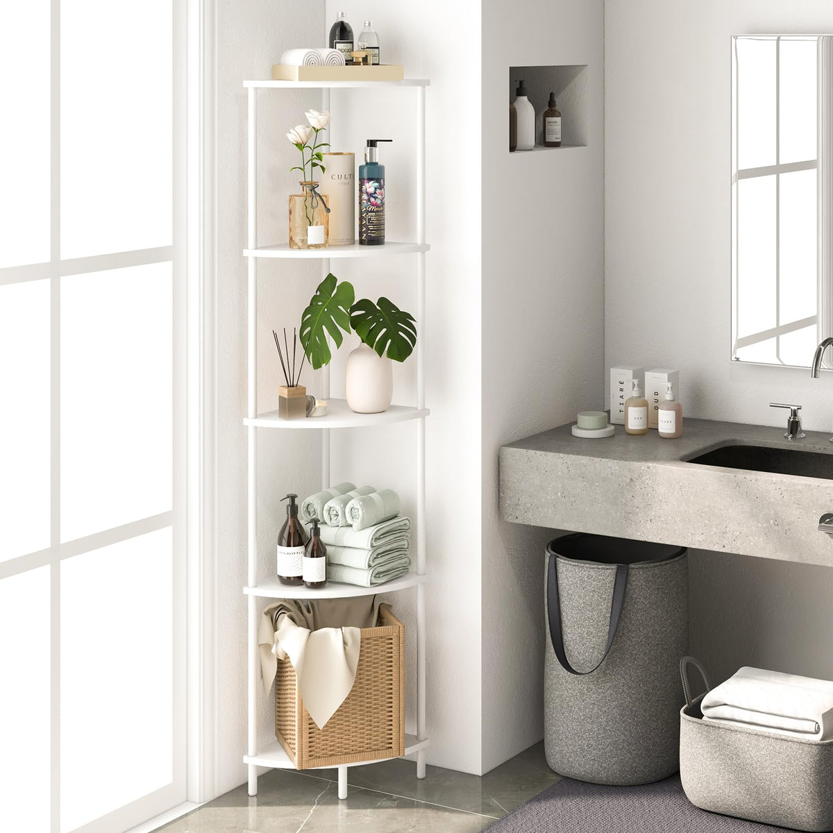 Yoobure corner shelf stand wood and steel frame close-up