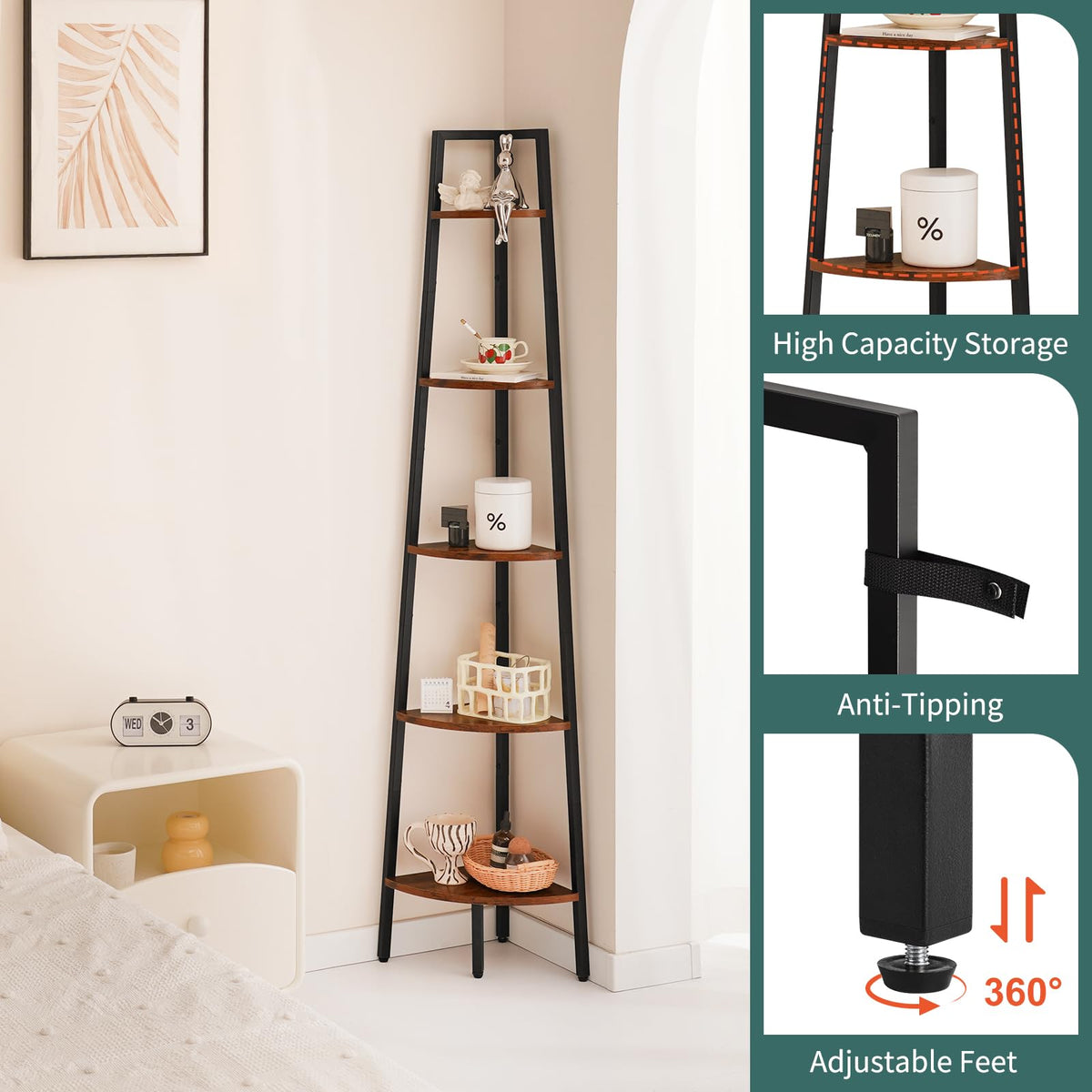 Yoobure corner shelf steel frame underscores sturdy construction for daily use.