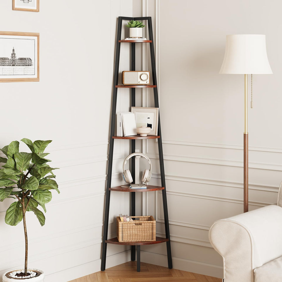 Yoobure corner shelf total view shows a tall, space-saving display for books and plants.