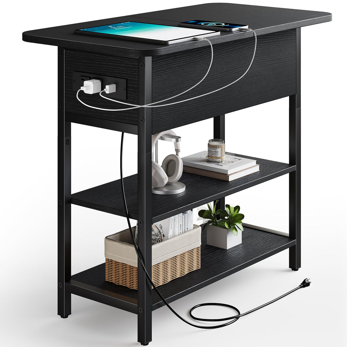 Yoobure end table with charging station front view showing USB ports and outlets for easy charging