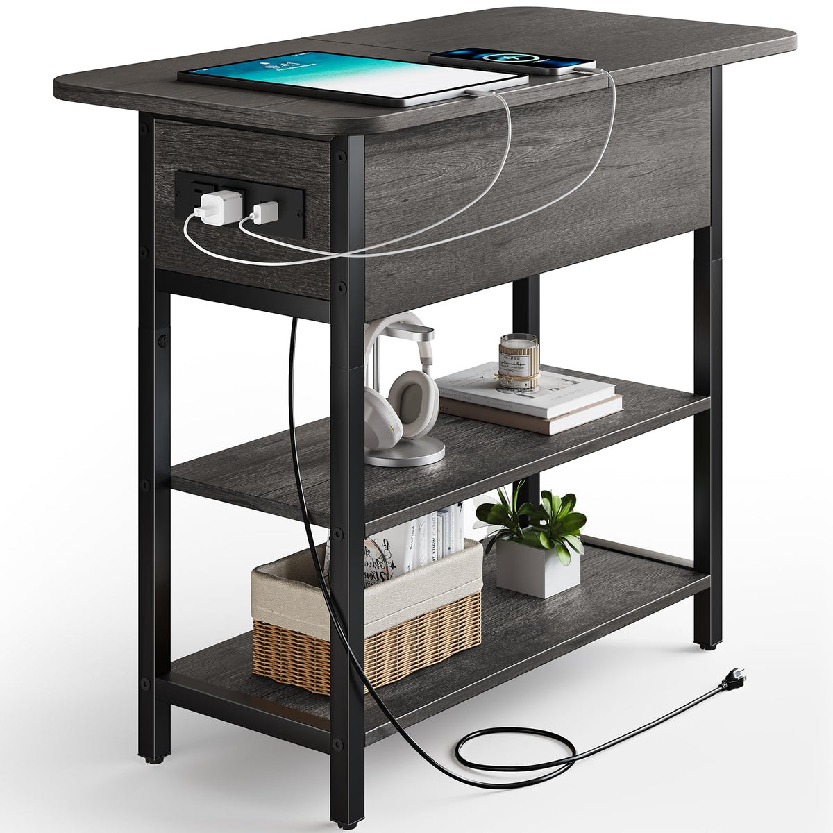 Yoobure end table with charging station, top view shows accessible outlets for devices