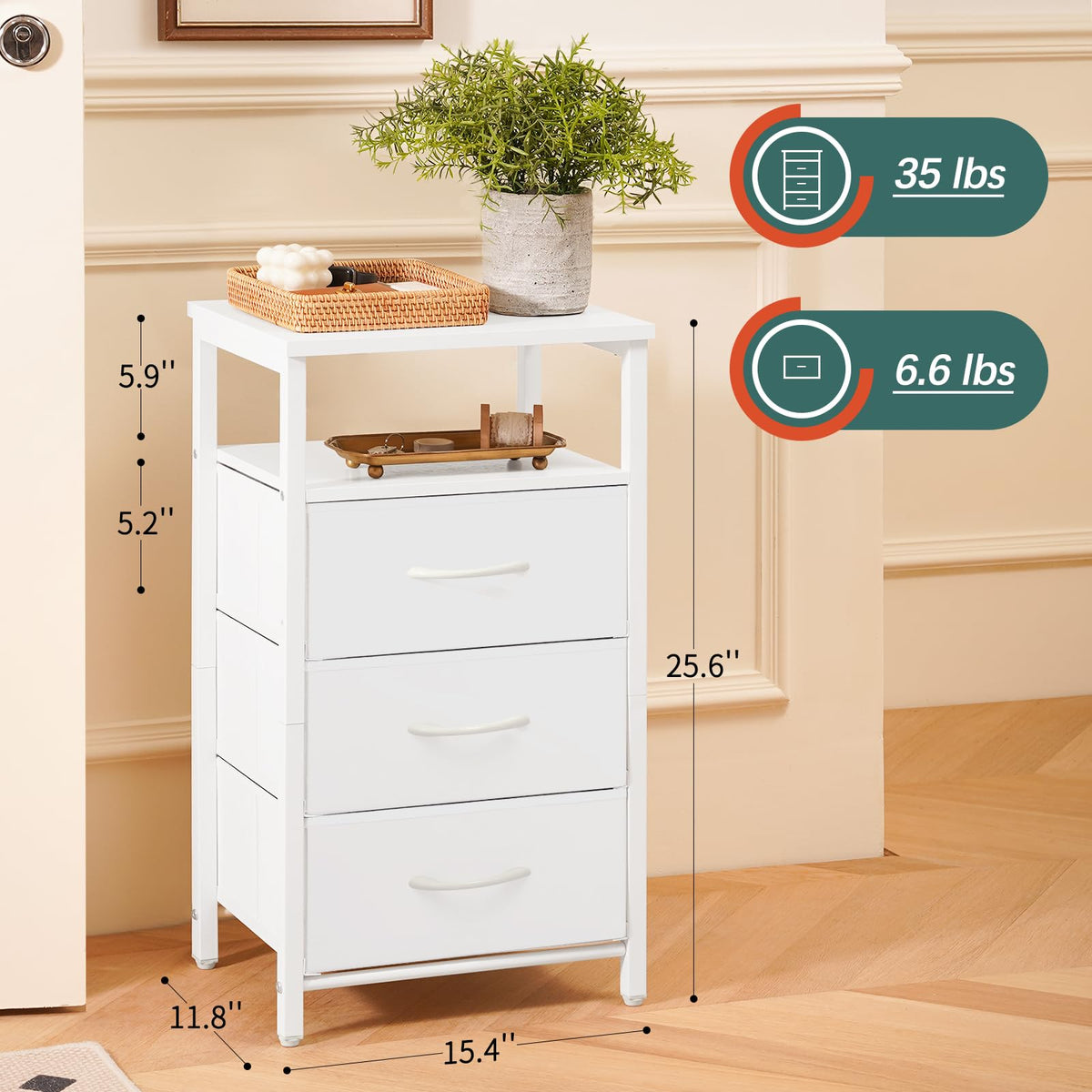 Yoobure end table with fabric drawers helps organize remotes and small items.