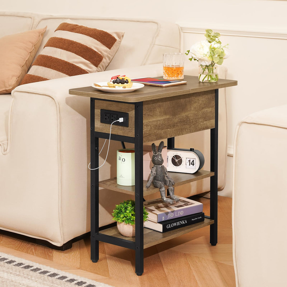 Yoobure end table with flip-top drawer open revealing hidden storage space