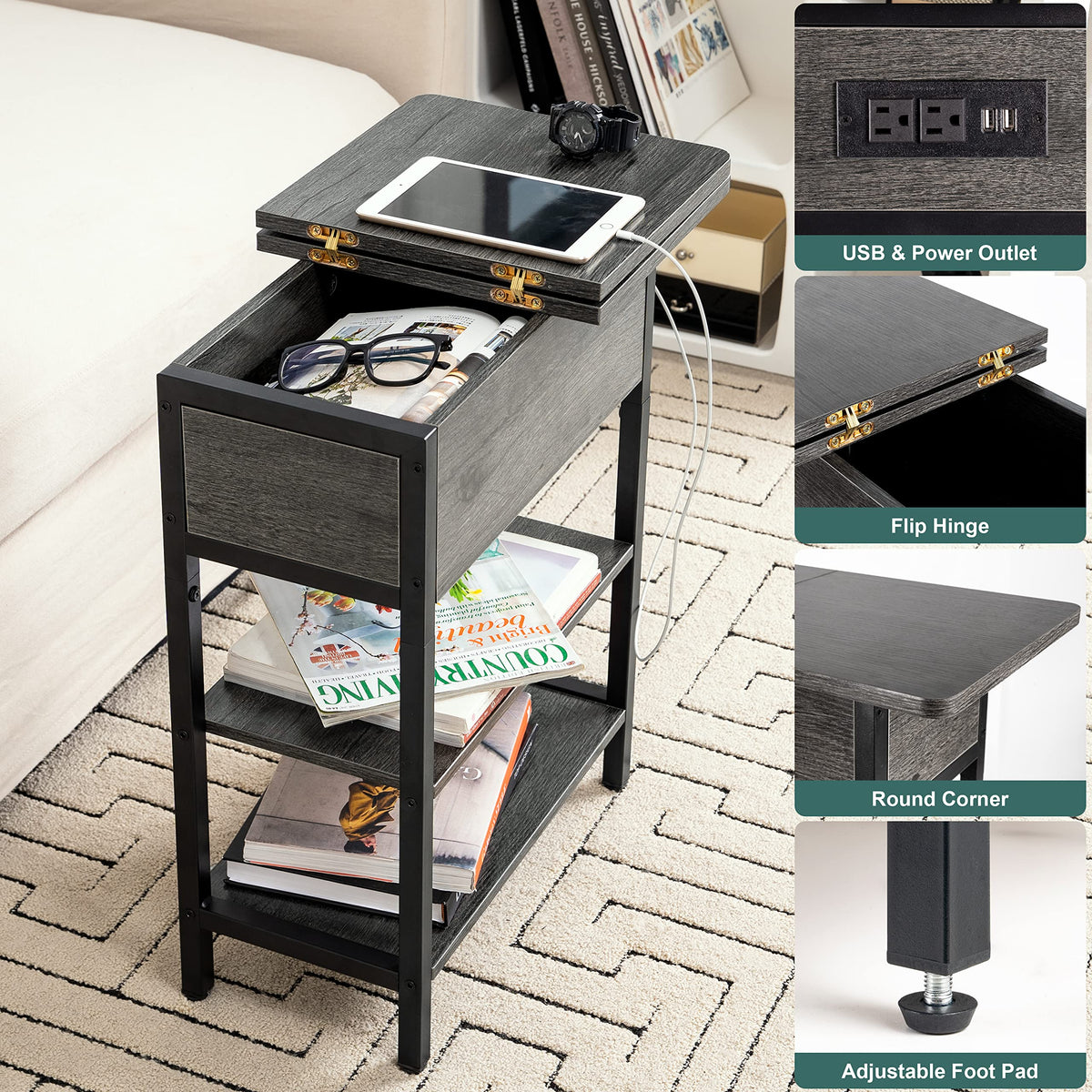 Yoobure end table flip top drawer for quick remote and charger storage