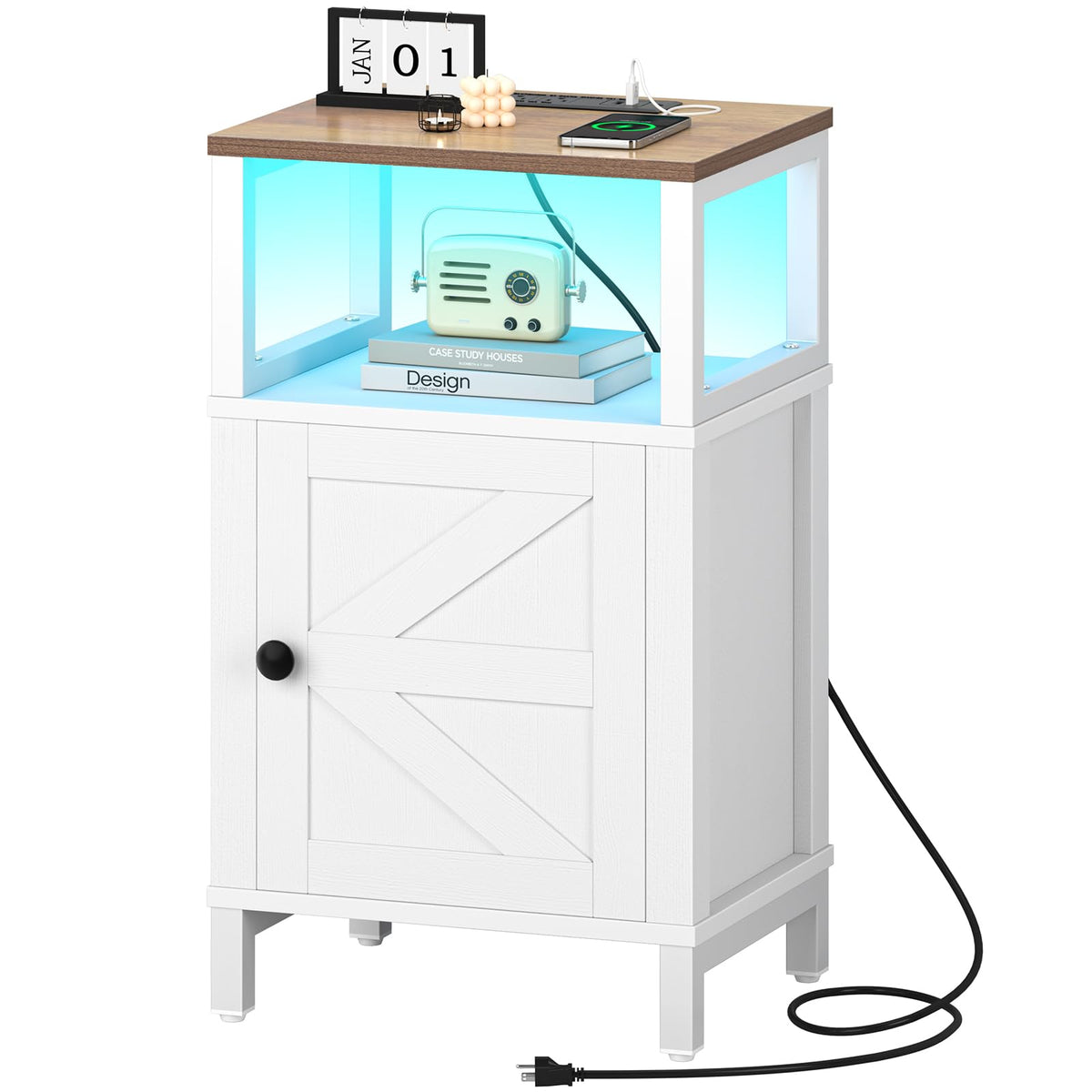 Yoobure Farmhouse Nightstand front view with charging ports and storage.