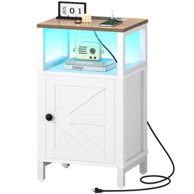 Yoobure Farmhouse Nightstand front view with charging ports and storage.