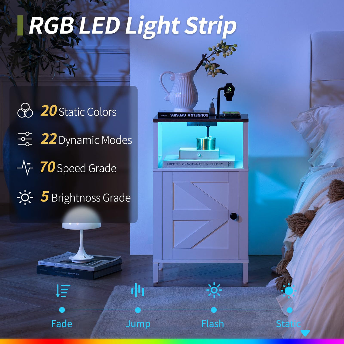 Yoobure Nightstand open shelf and cabinet for easy storage.