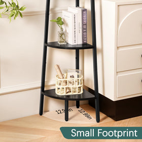 Yoobure ladder-style wood shelves add warm display for plants and souvenirs.