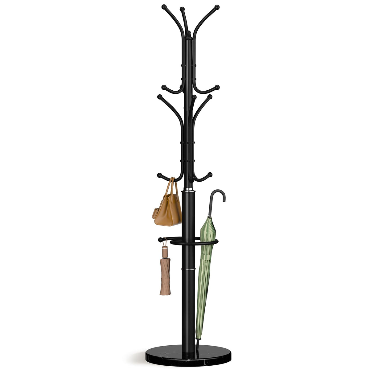 Yoobure metal coat rack with marble base showing sturdy support for heavy outerwear
