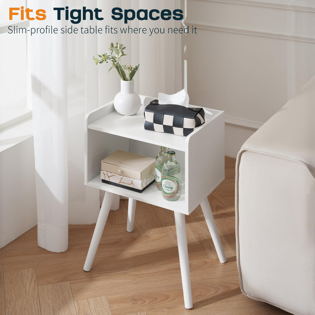 Yoobure nightstand shown in a bedroom setup for compact storage