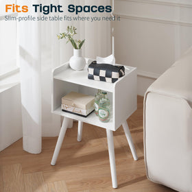 Yoobure nightstand shown in a bedroom setup for compact storage