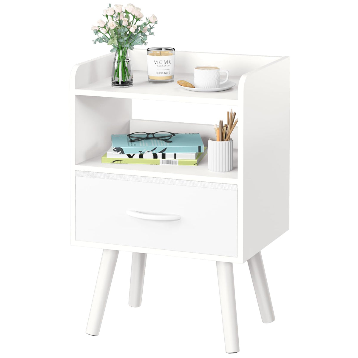 Yoobure modern nightstand front view with functional drawer and fabric storage