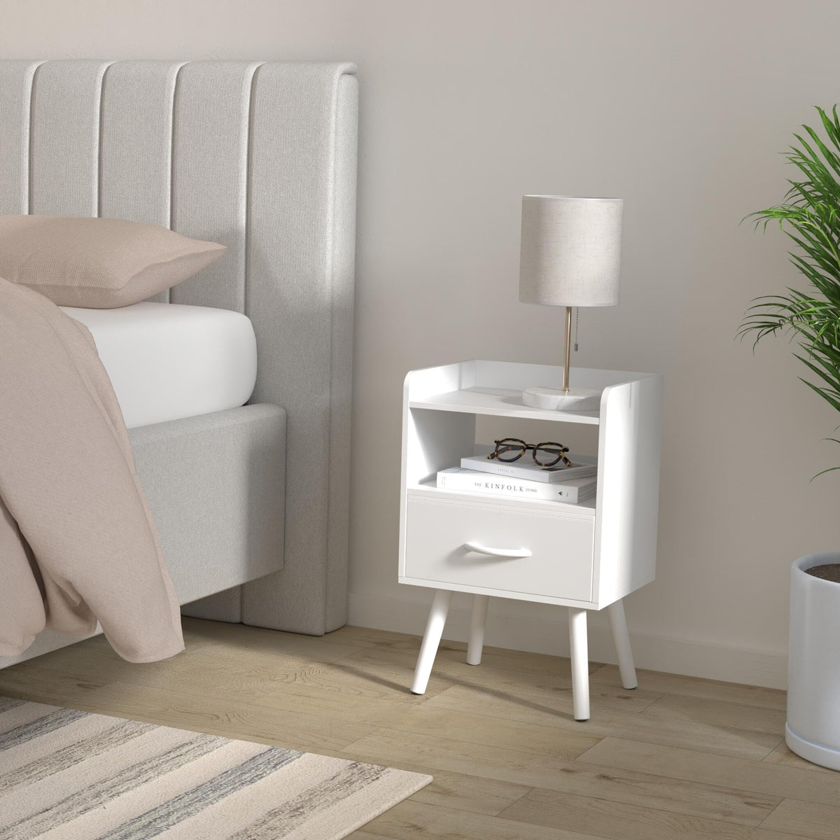 Yoobure nightstand open shelf and tabletop displaying essentials