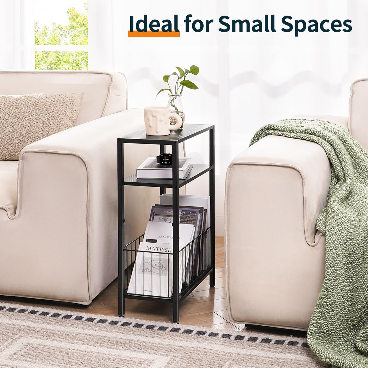 Yoobure narrow side table shows a 3-tier design for versatile storage.