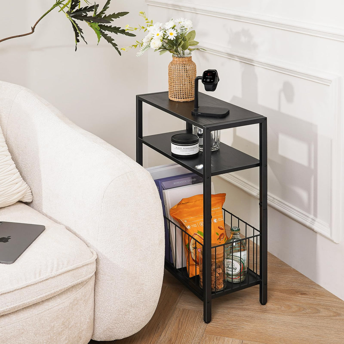 Yoobure narrow side table in a bedroom setup beside the bed.