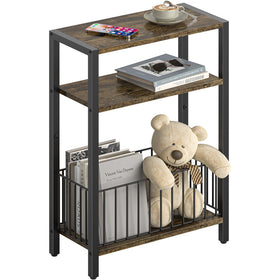 Yoobure narrow side table front view with storage basket helps keep magazines organized.