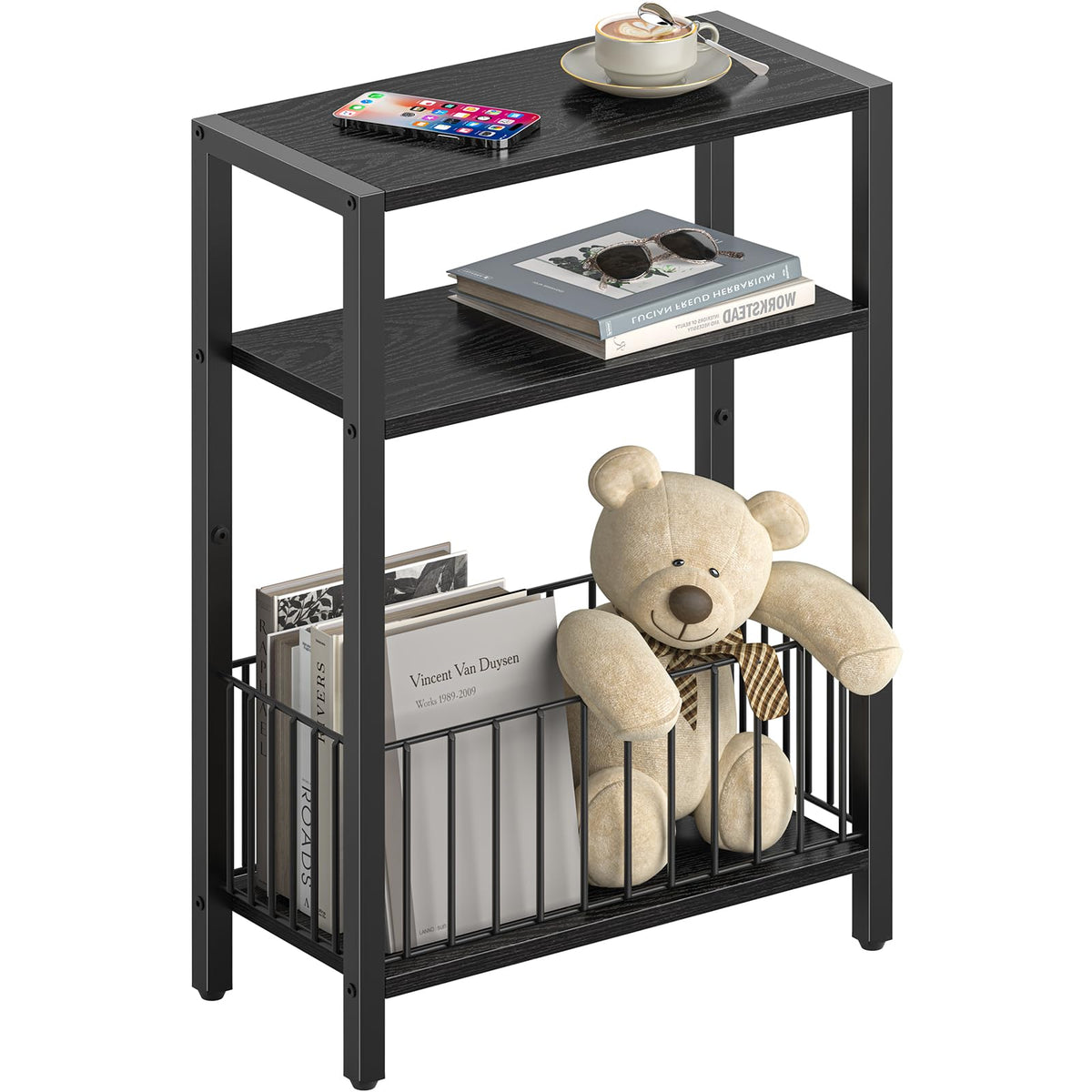Yoobure narrow side table with storage basket, front view, keeps magazines organized.