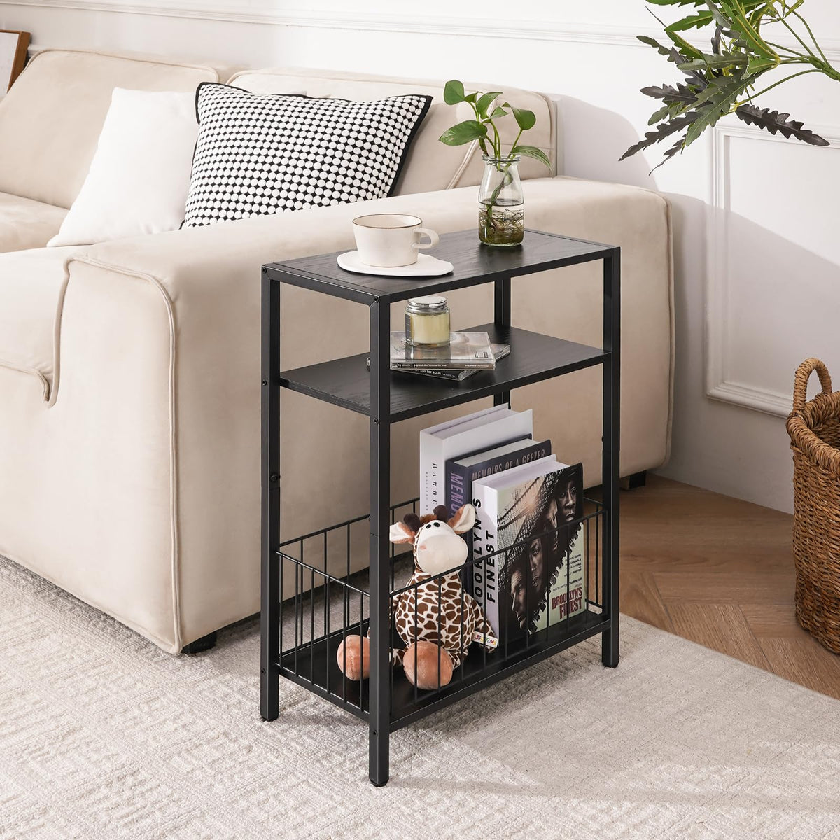 Yoobure narrow table with storage basket, side view, fits into corner spaces.