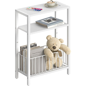 Yoobure narrow side table with storage basket in white, ideal for small spaces
