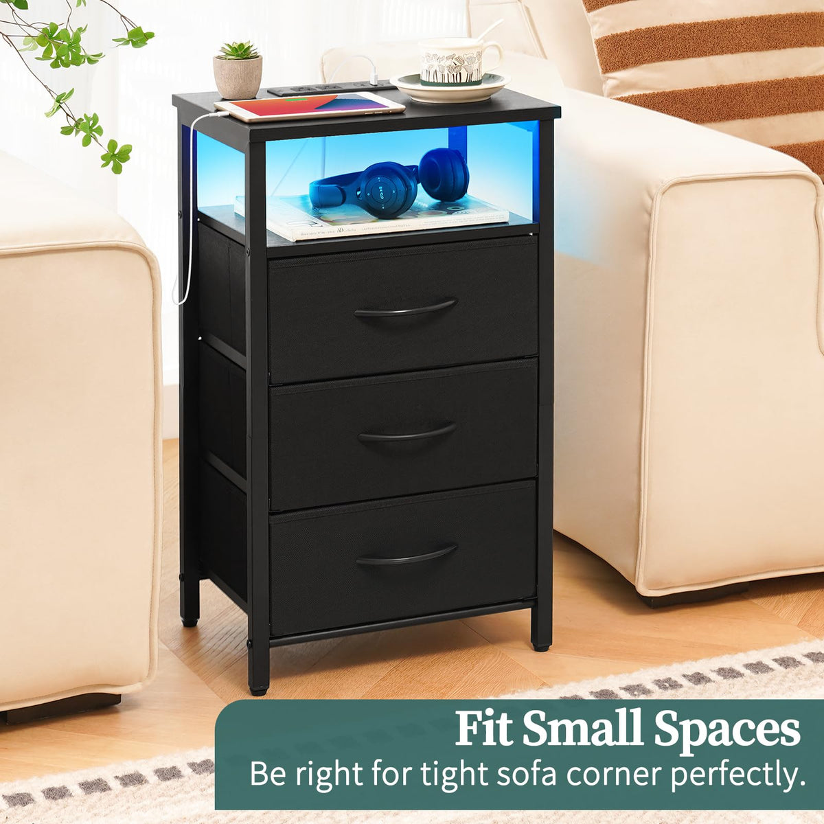 Yoobure night stand black finish complements a modern bedroom