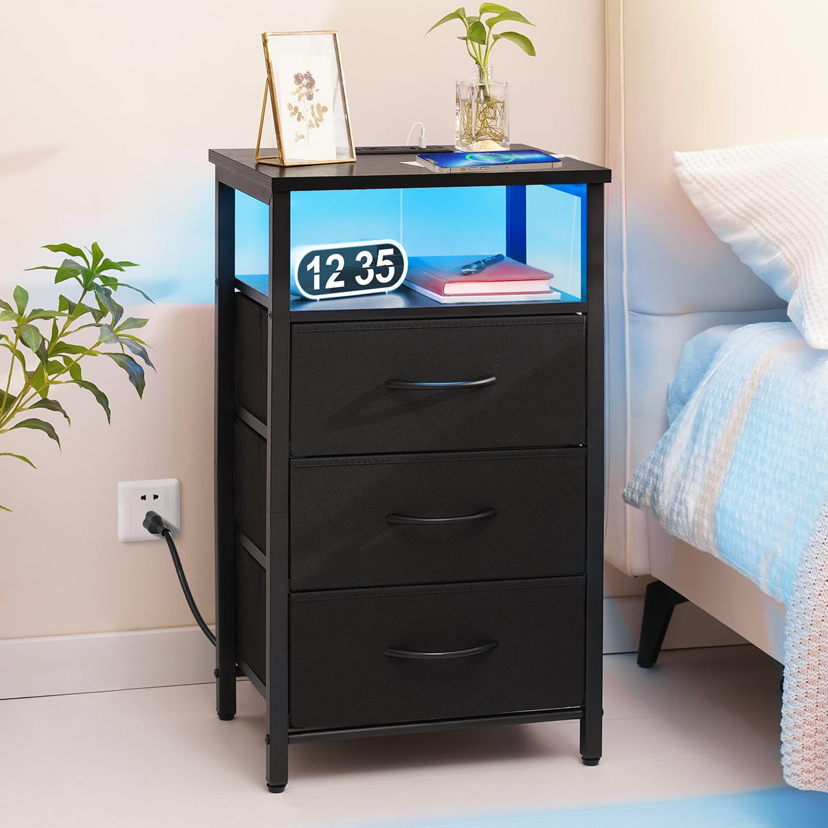 Yoobure night stand showing USB ports and outlets for convenient device charging