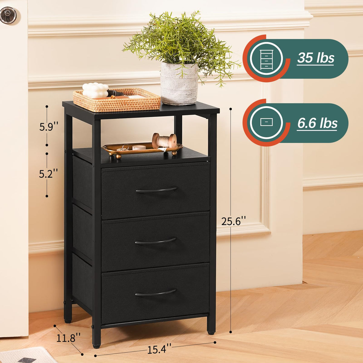 Three fabric drawers on Yoobure night stand keep small items organized
